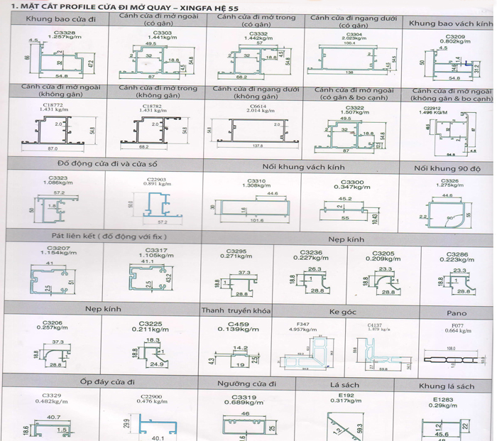 Mặt cắt cho cửa đi nhôm Xingfa hệ 55