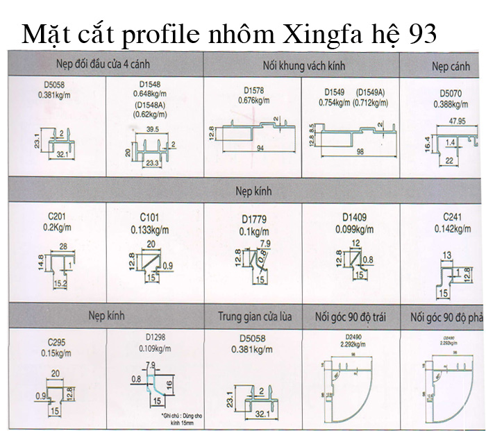 Mặt cắt cửa nhôm kính Xingfa hệ 93