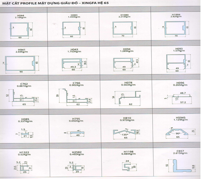 Mặt cắt cho vách nhôm Xingfa hệ 65