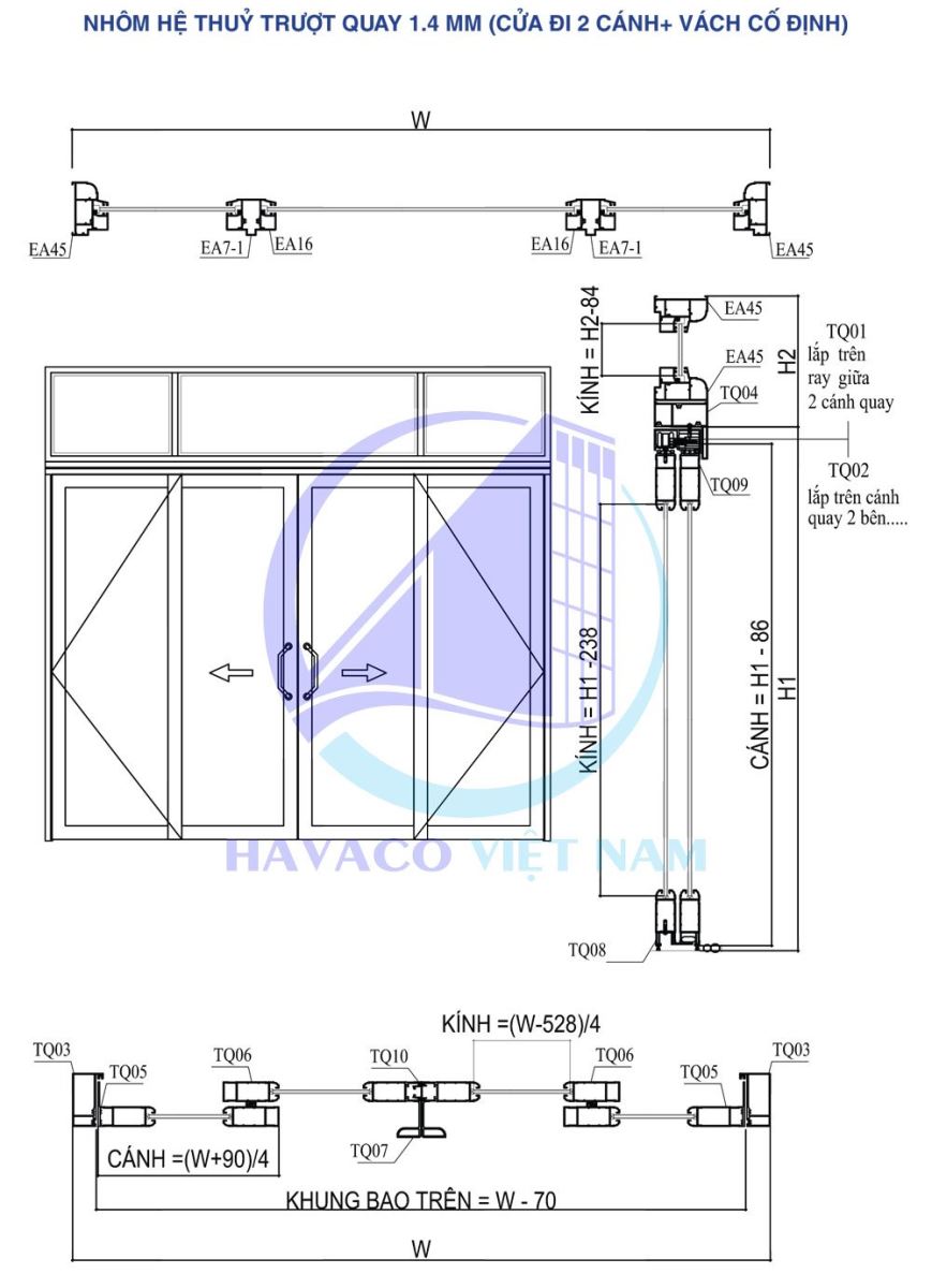 Phân loại cửa nhôm hệ trượt quay - Báo giá cửa nhôm trượt quay 4 cánh, 2 cánh Eurotech, Zhongkai, Eurovn