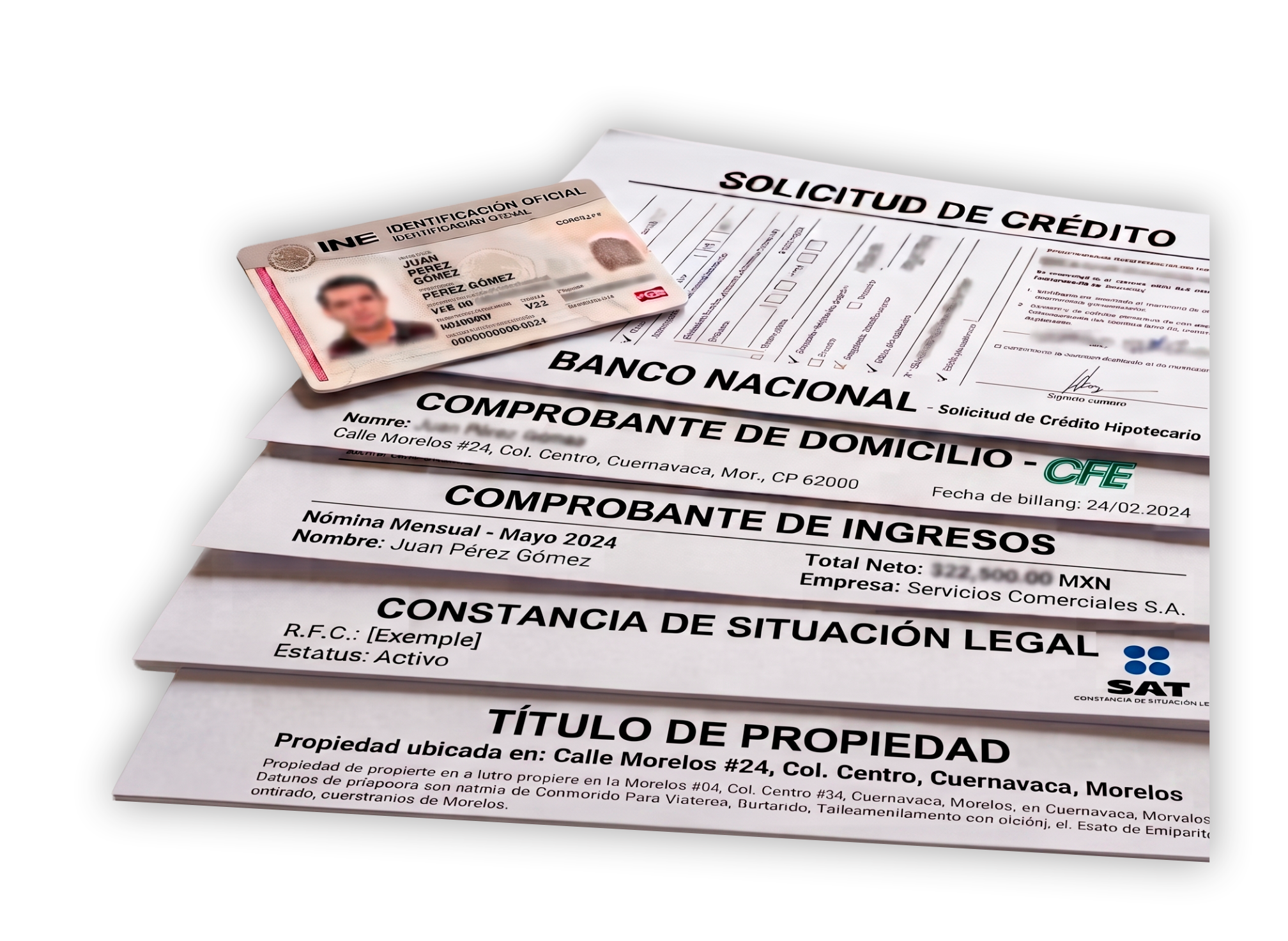 Documentos para tu solicitud de crédito: INE, solicitud, comprobantes de domicilio e ingresos, constancia de situación legal y título de propiedad
