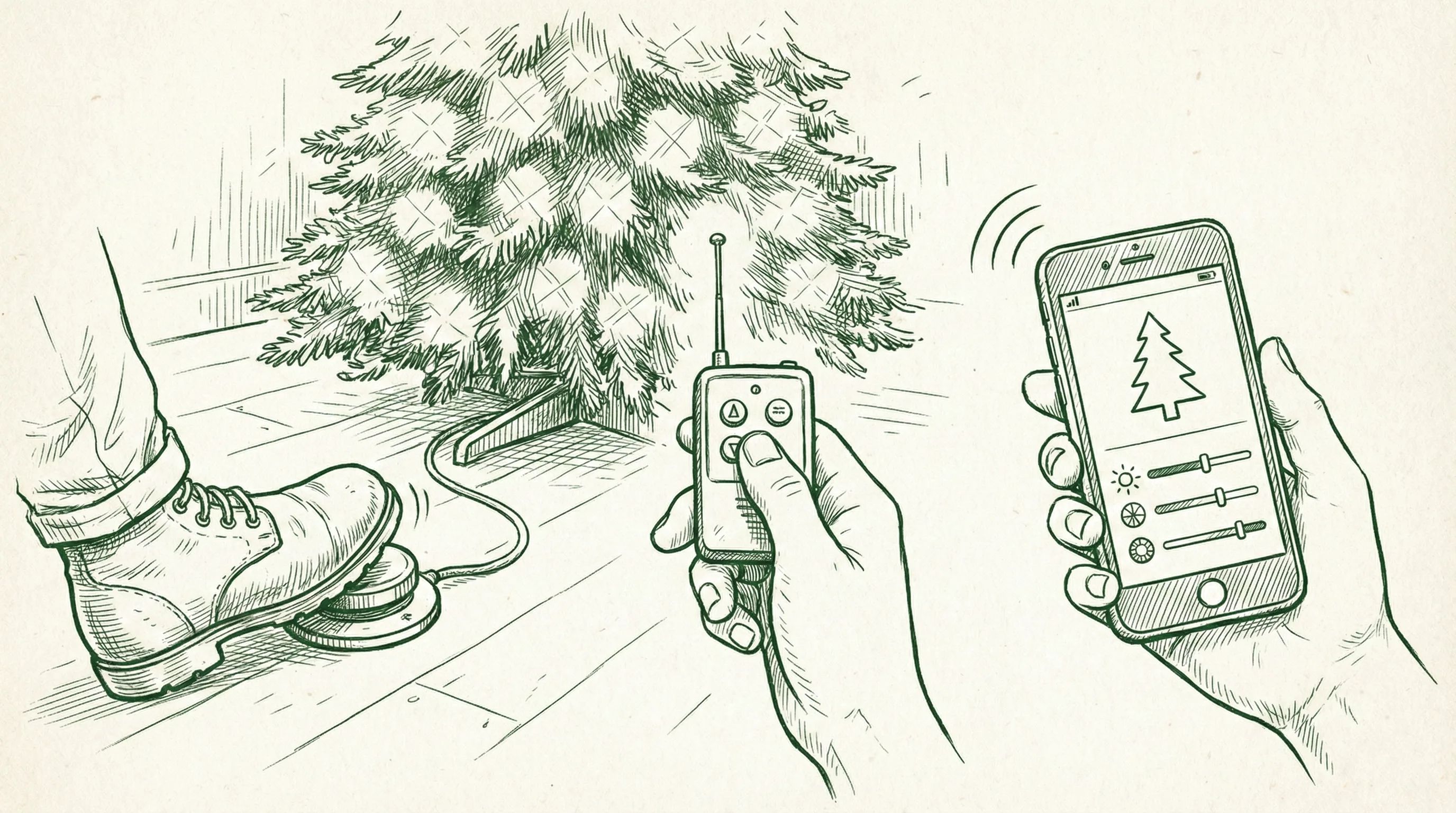 Different control systems: foot pedal, remote control, and smartphone app interface