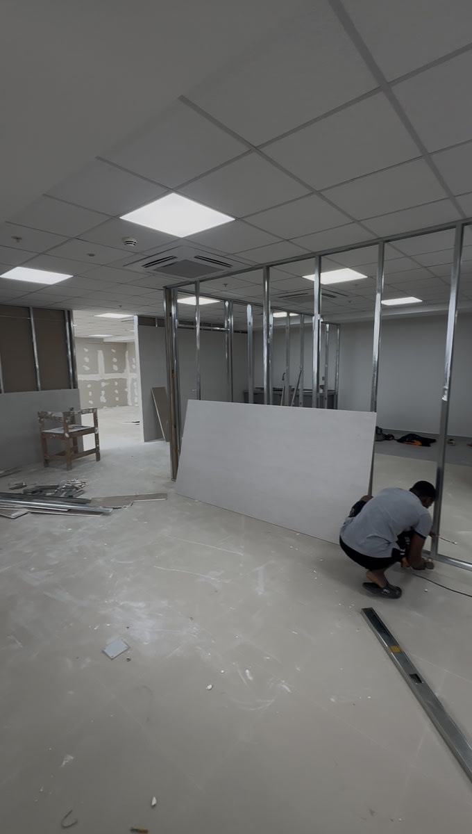 Ghana Maritime Authority — metal stud framing and partition installation in progress