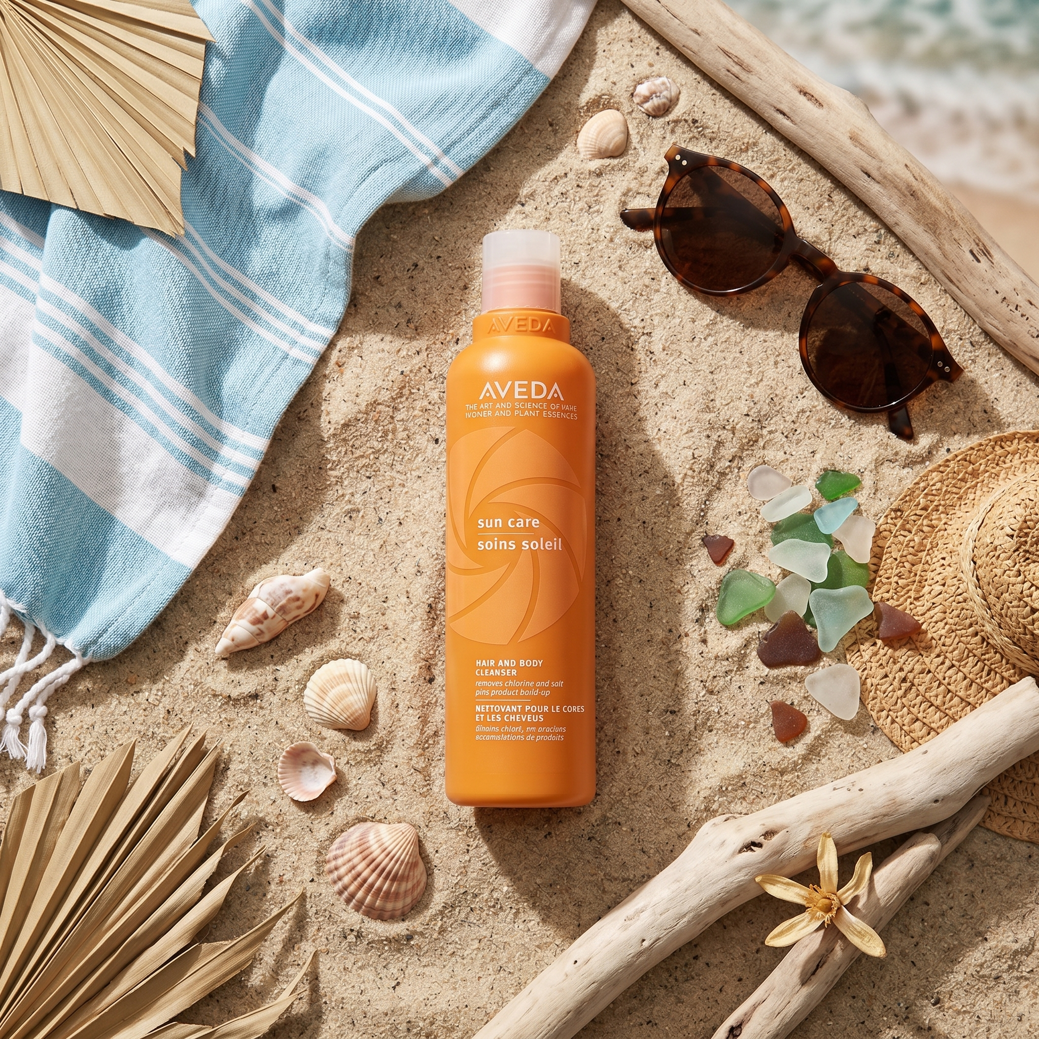 Aveda Sun Care products arranged on beach sand with sunglasses and a hat