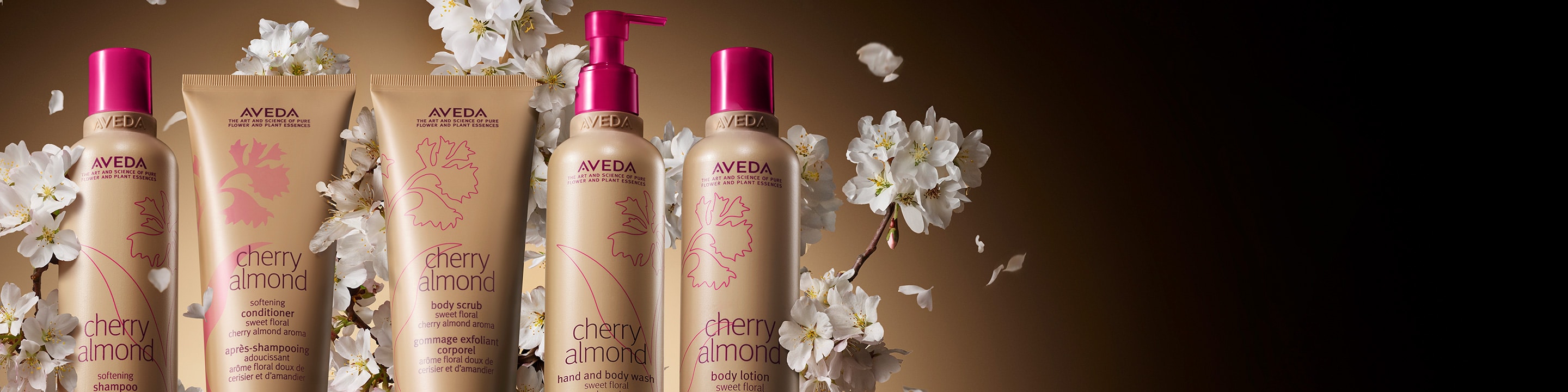 Aveda Cherry Almond collection with cherry blossoms
