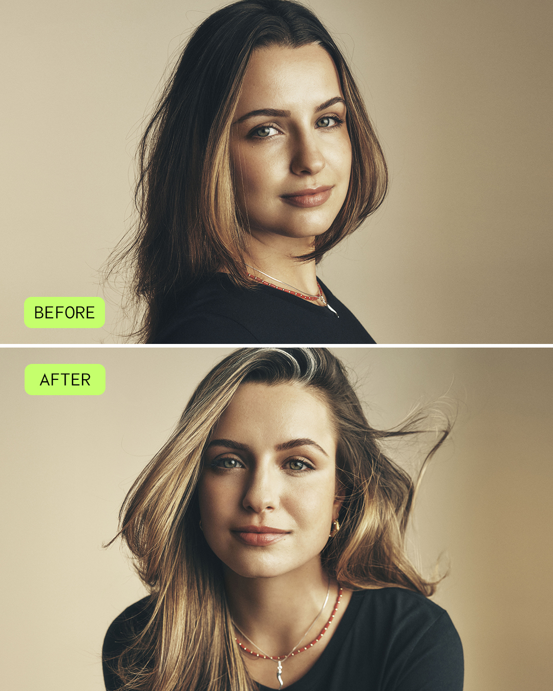 Before and after using One For All on blonde hair