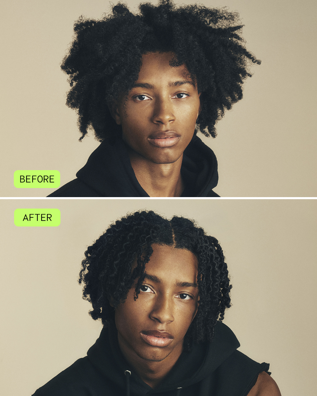 Before and after using One For All on curly hair