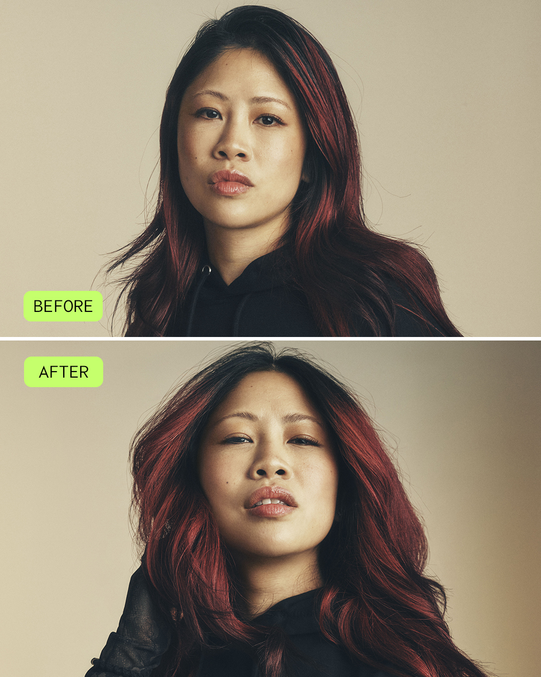 Before and after using One For All on red hair