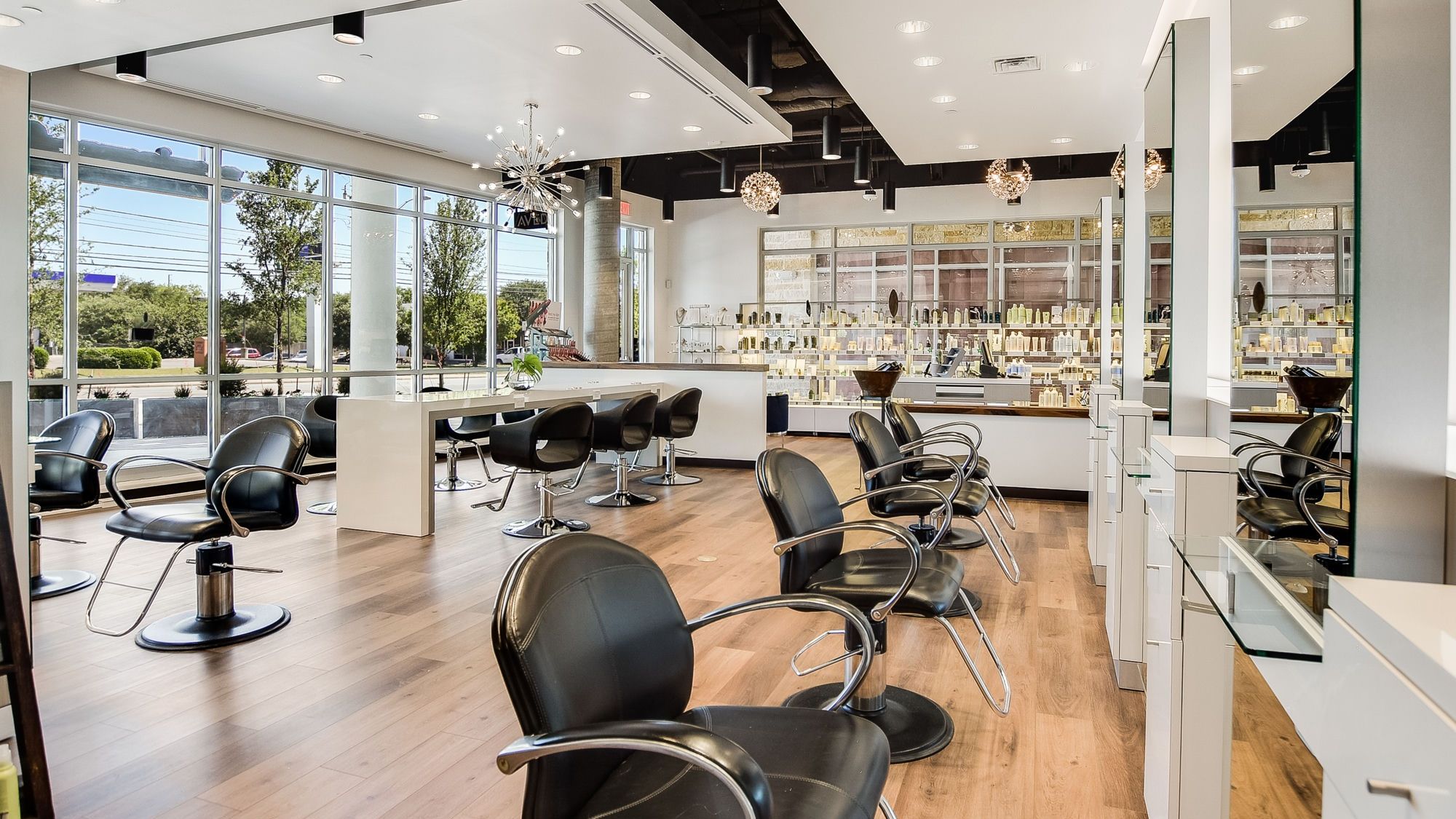 The styling floor and Aveda wall at South Lamar