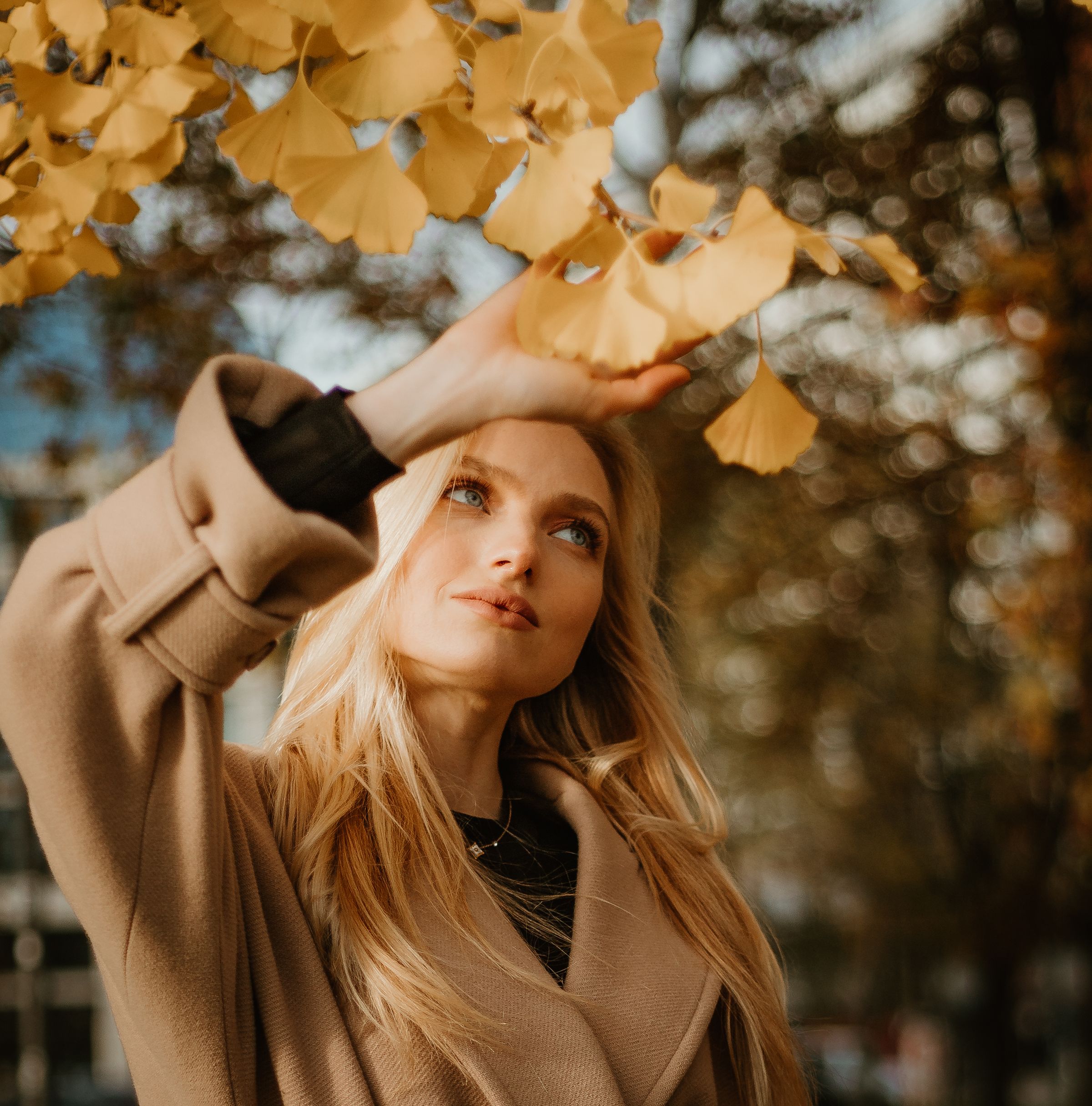 Woman with long blonde hair standing under yellow autumn leaves in soft afternoon light