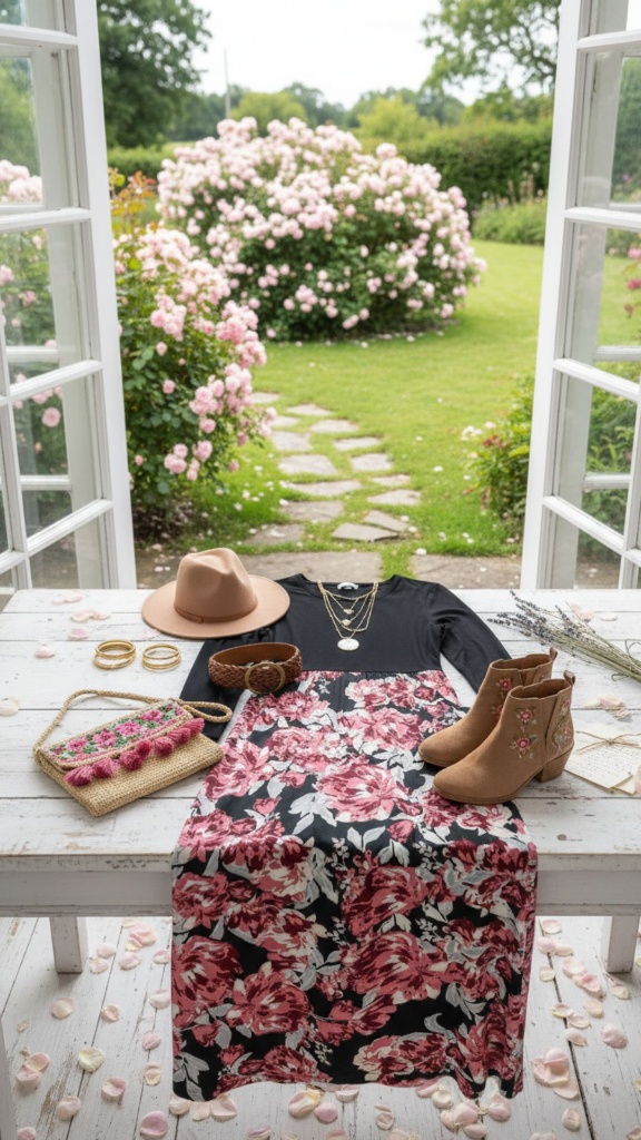 Romantic bohemian flat lay featuring a black floral maxi dress and tan suede boots