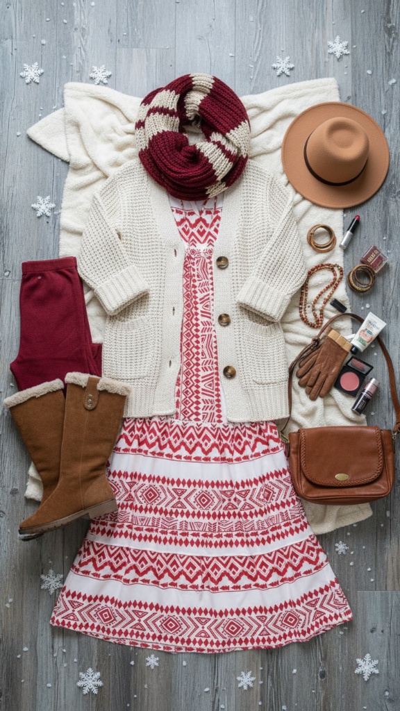 Winter fashion flat lay featuring a red geometric maxi dress, cream cardigan, and burgundy infinity scarf against a snowy wood background