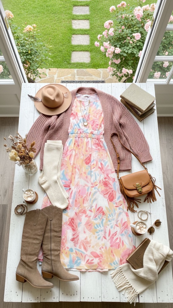 Feminine boho flat lay featuring a colorful floral maxi dress, a pink knit cardigan, tall taupe boots, and a tan fedora