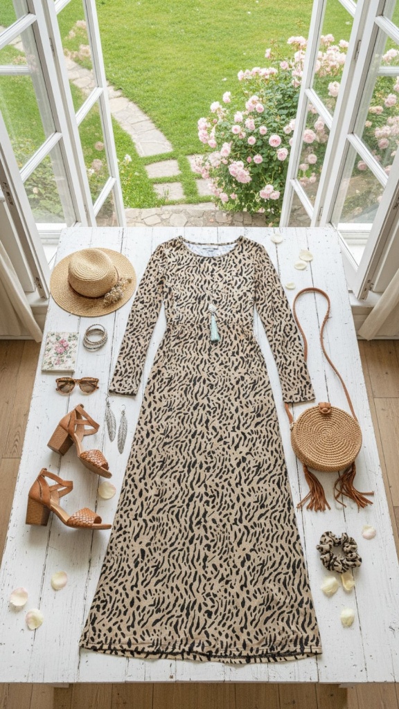 Boho flat lay featuring a leopard print maxi dress, straw boater hat, woven sandals, and a round straw crossbody bag