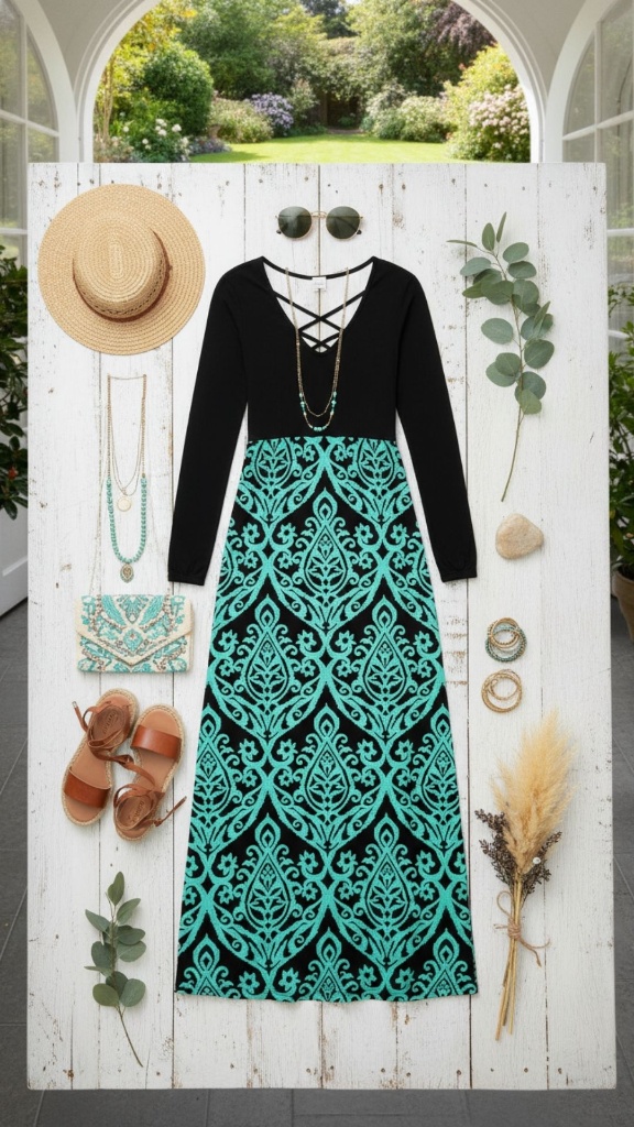 Vibrant bohemian maxi dress with black lattice-detail bodice and teal damask-patterned skirt