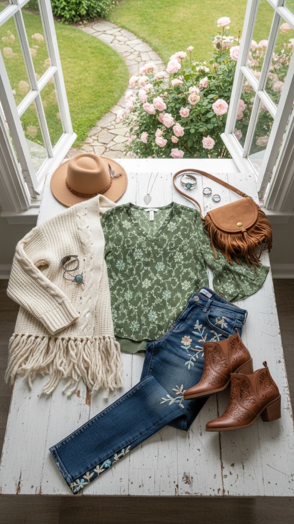 Boho flat lay featuring a teal floral blouse, dark wash embroidered jeans, tan fringe boots, and a cream cardigan
