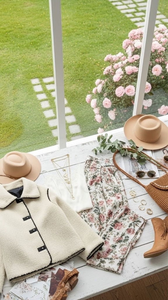 Cottagecore flat lay with ivory textured jacket, rose print trousers, and tan wide-brimmed fedora