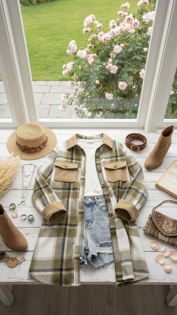 Olive green plaid shacket layered over a white tee and denim shorts