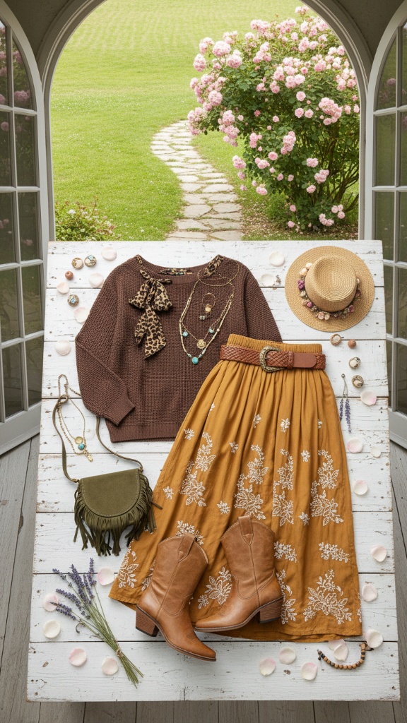 Chocolate brown sweater and embroidered mustard yellow skirt