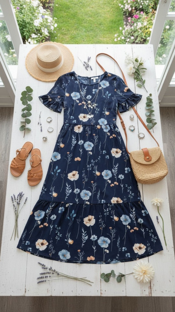 Flat lay of a floral maxi dress, tan fedora, and turquoise accessories on a wooden floor