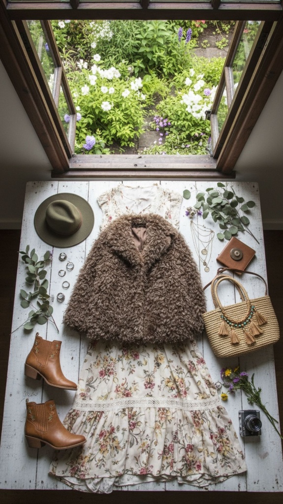 Flat lay of a floral cottagecore dress, brown shaggy fur cape, and olive hat on a white wooden table