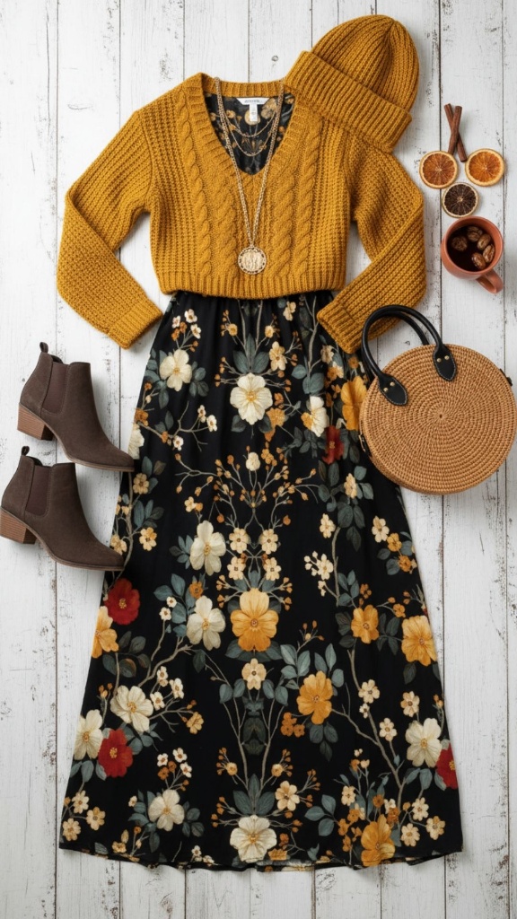 A flat-lay fashion arrangement on a white wooden floor featuring a mustard yellow cropped cable-knit sweater, a black maxi skirt with large yellow and red floral prints, brown suede Chelsea boots, a round straw handbag, a matching yellow beanie, and gold layered necklaces.