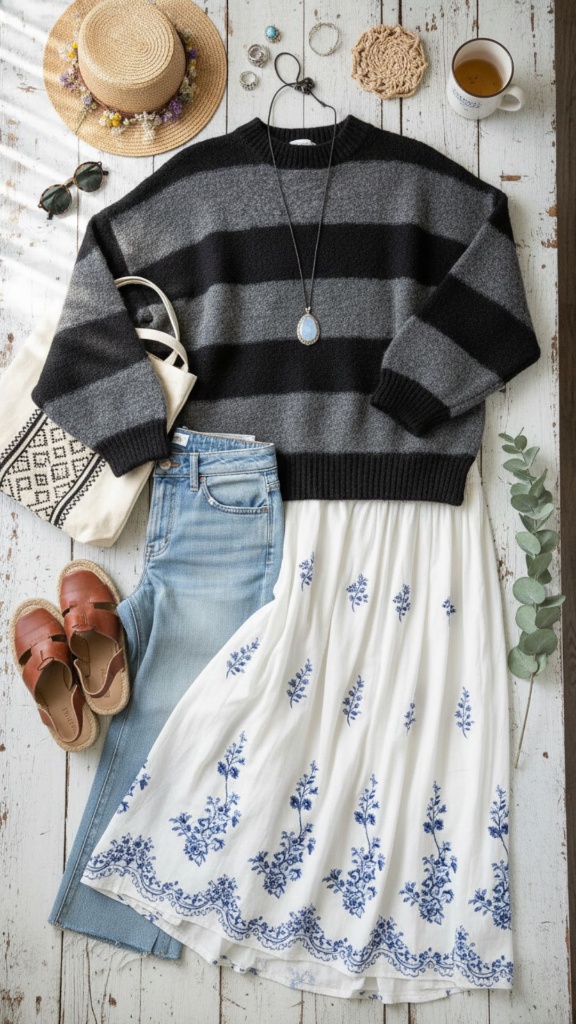 Boho transition look with embroidered skirt
