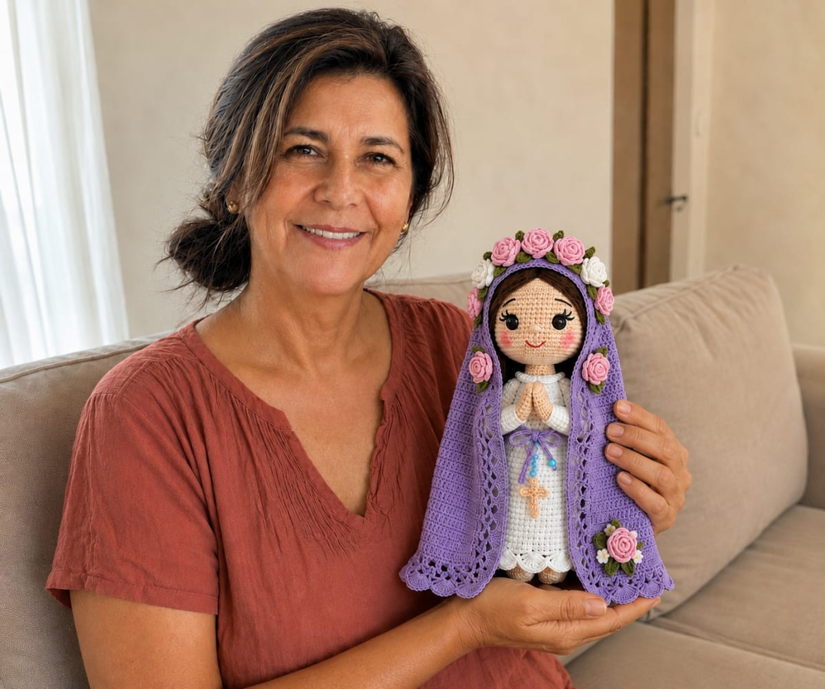 Nossa Senhora da Abadia em amigurumi sendo apresentada por uma artesã
