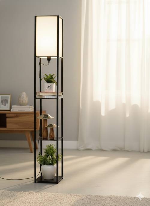 Crosscut Furniture Tower Floor Lamp with Shelf