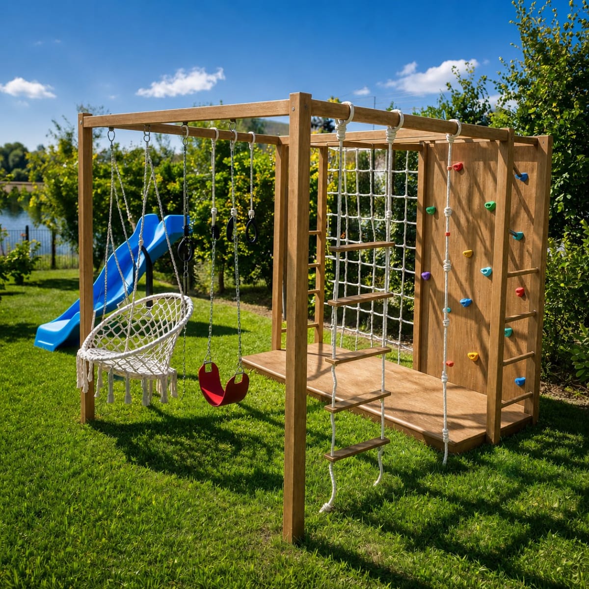 Circuito 7 de juegos infantiles para exterior en madera de eucalipto con hamacas, escalada y actividades - Carpintar
