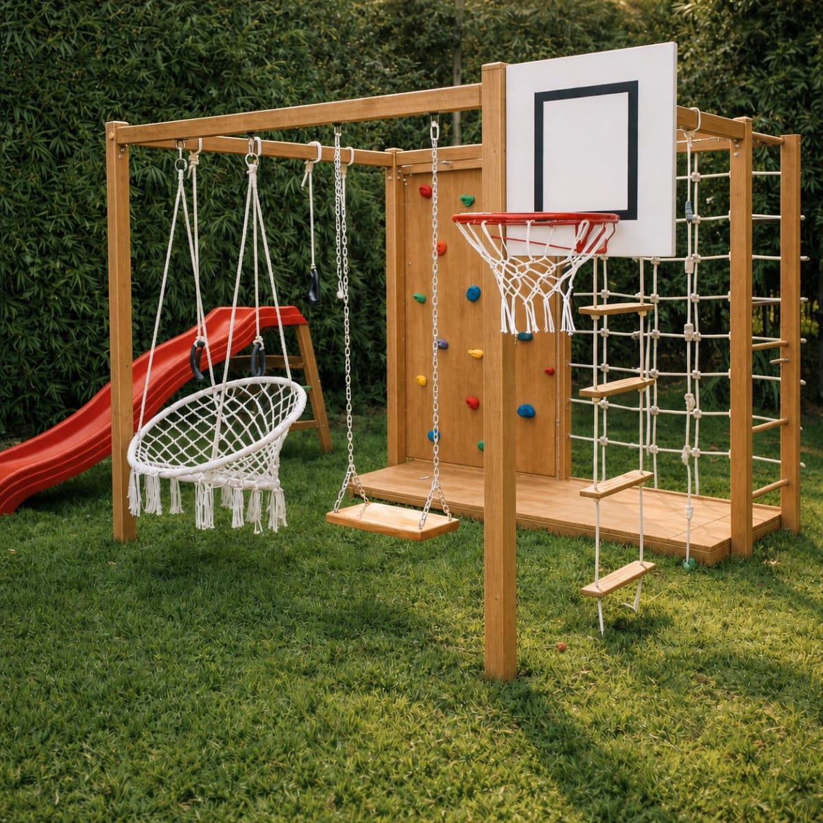 Circuito 9 de juegos infantiles para exterior en madera de eucalipto con hamacas, escalada y actividades - Carpintar