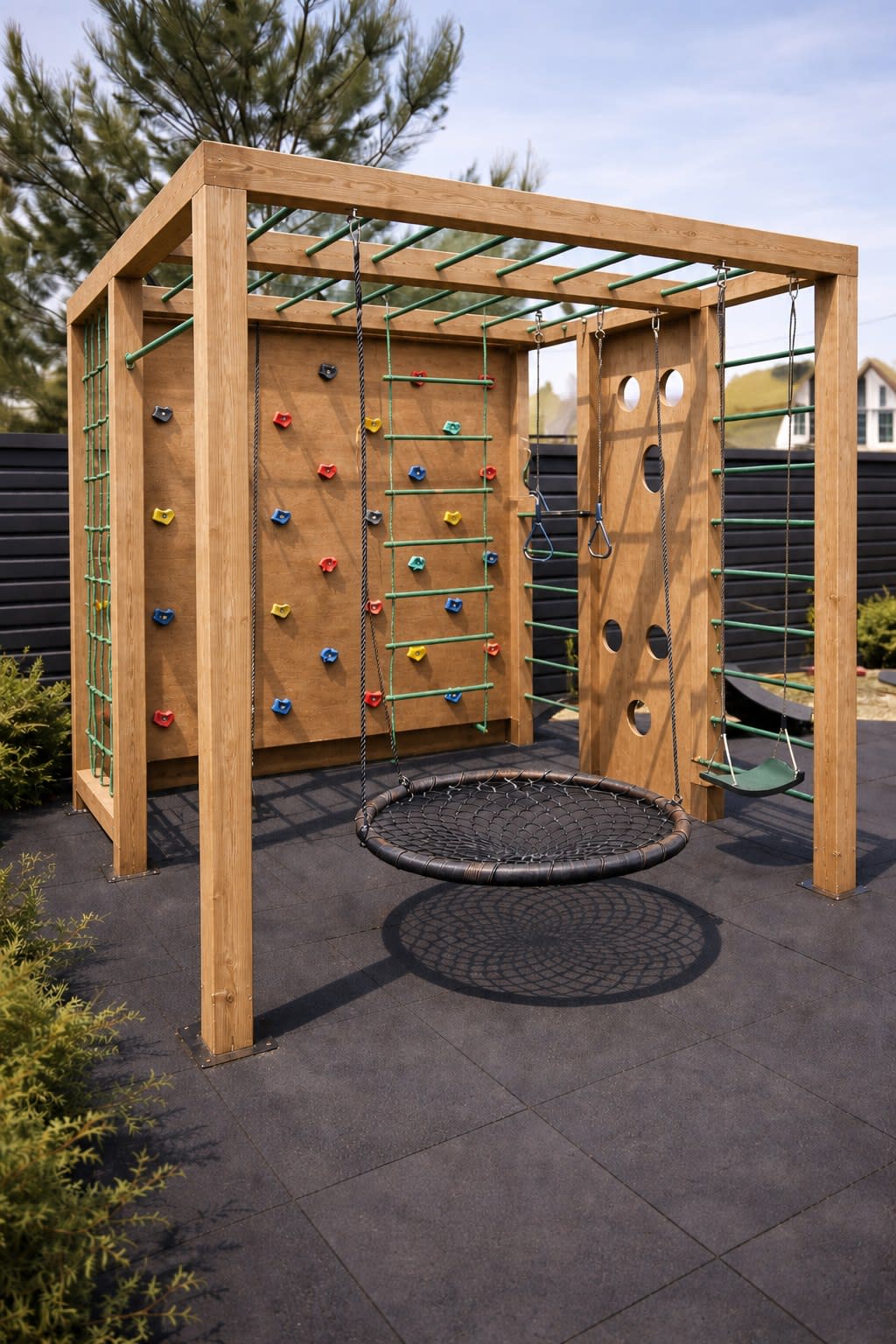 Circuito 11 de juegos infantiles para exterior en madera de eucalipto con hamacas, escalada y actividades - Carpintar
