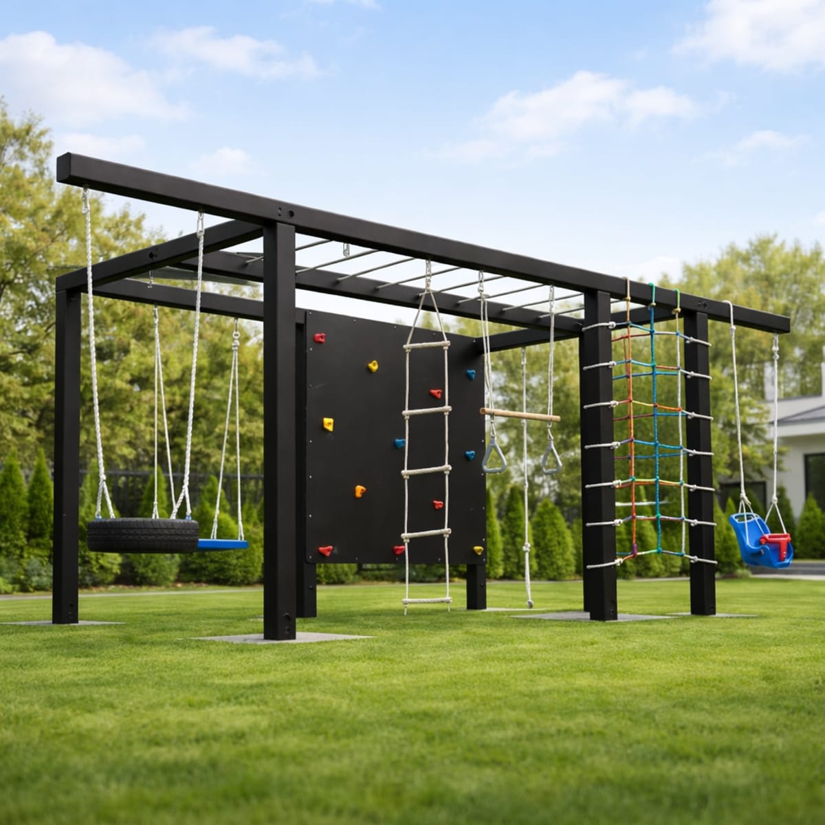Circuito de juegos infantiles para exterior en hierro soldado con hamacas y escalada - modelo 12 de Carpintar