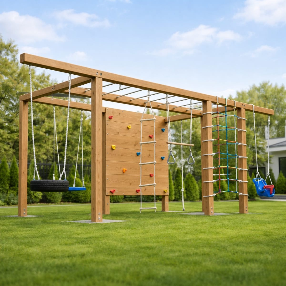 Circuito 12 de juegos infantiles para exterior en madera de eucalipto con hamacas, escalada y actividades - Carpintar