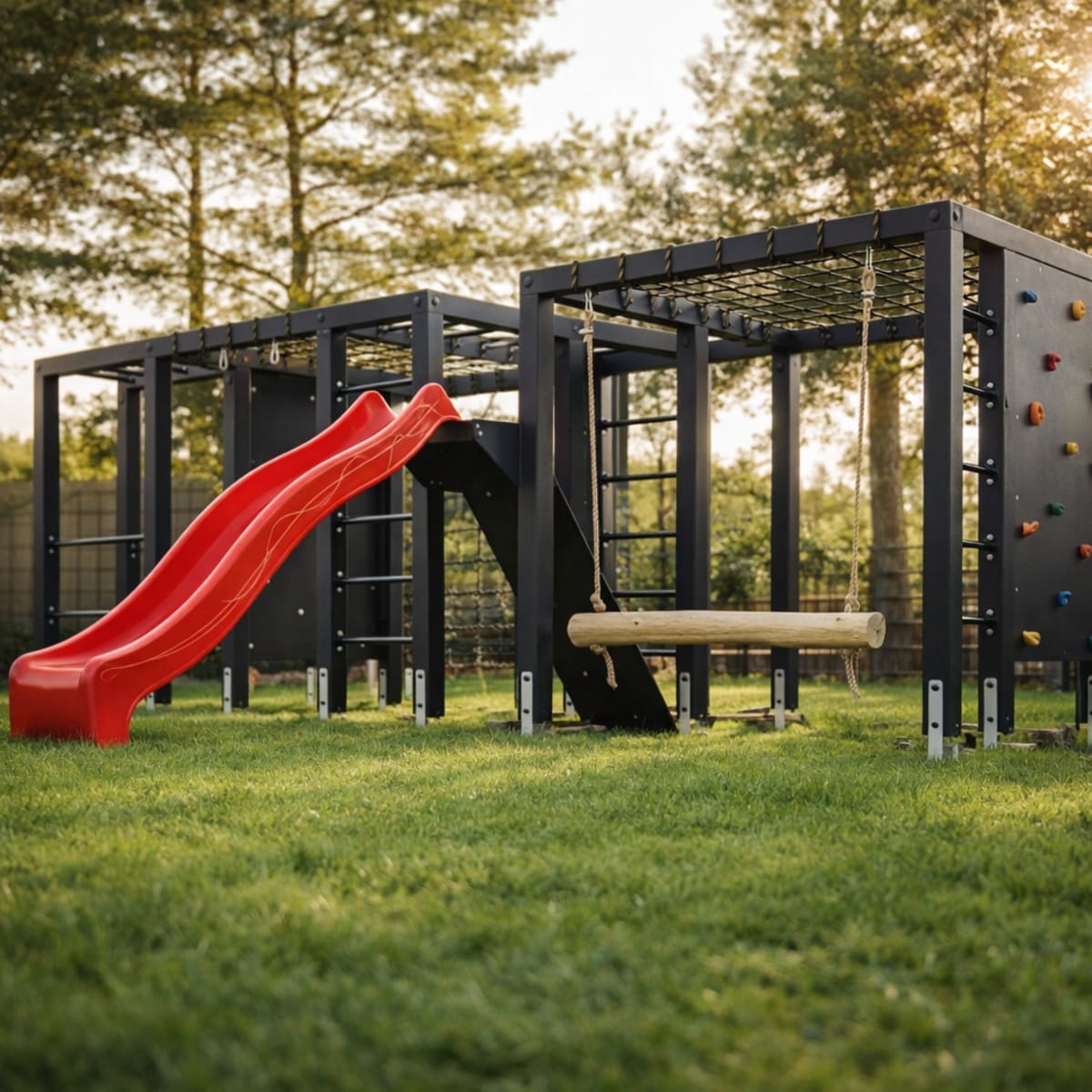 Circuito de juegos infantiles para exterior en hierro soldado con hamacas y escalada - modelo 14 de Carpintar