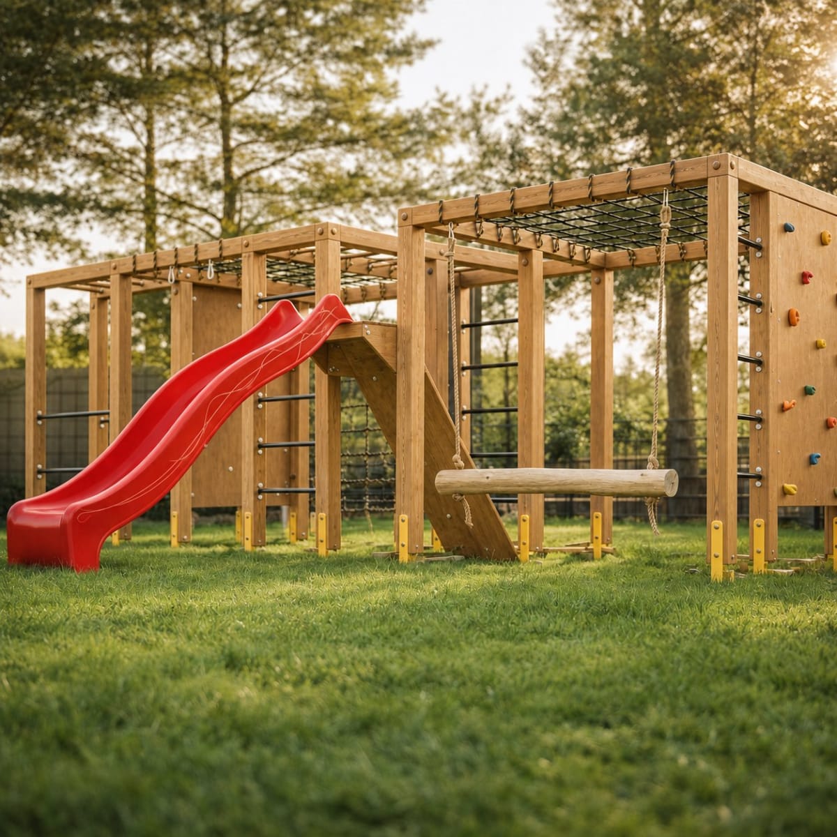Circuito 14 de juegos infantiles para exterior en madera de eucalipto con hamacas, escalada y actividades - Carpintar