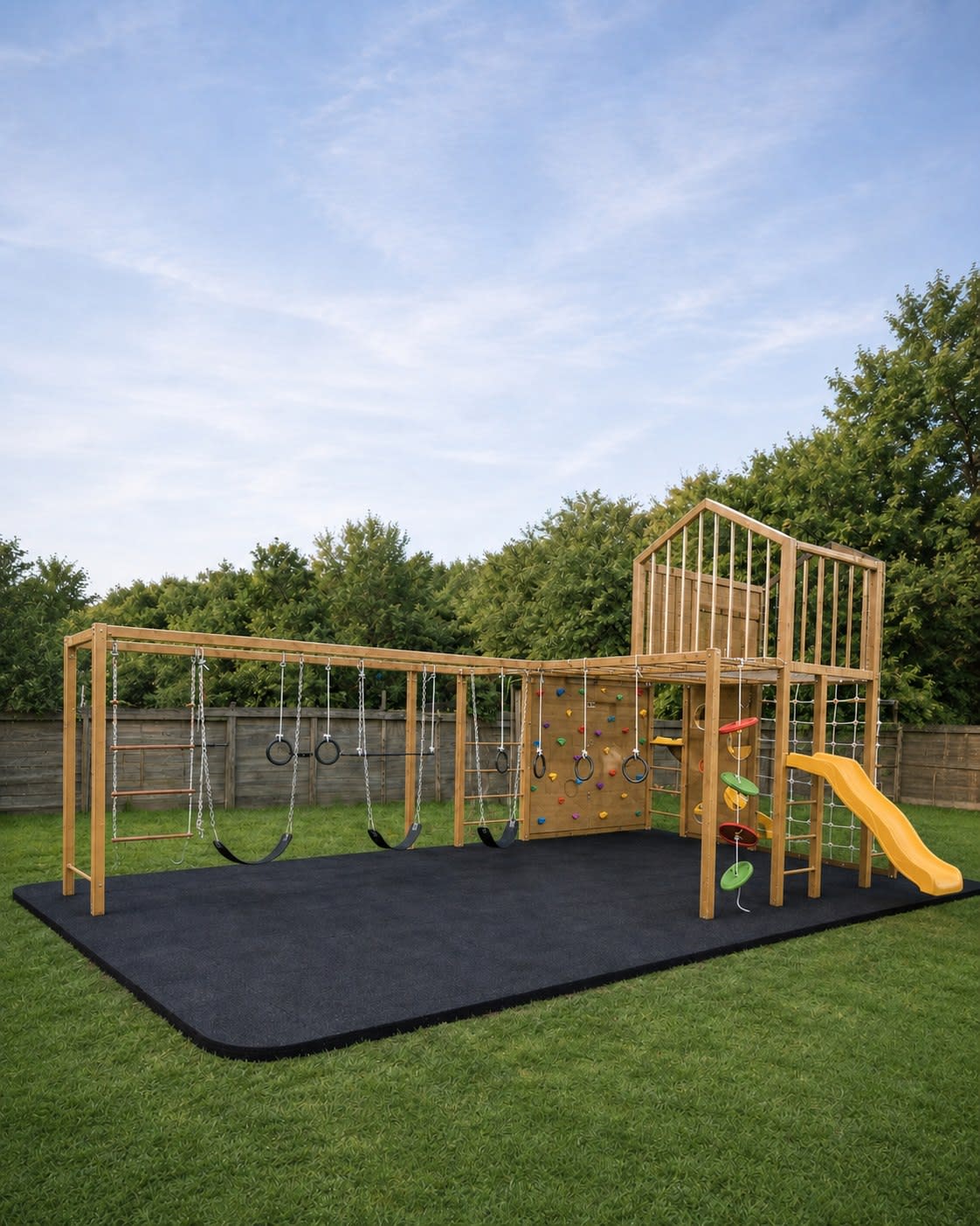 Circuito 15 de juegos infantiles para exterior en madera de eucalipto con hamacas, escalada y actividades - Carpintar