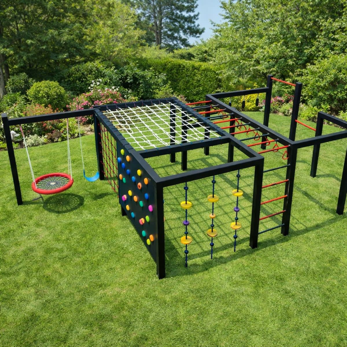 Circuito de juegos infantiles para exterior en hierro soldado con hamacas y escalada - modelo 16 de Carpintar