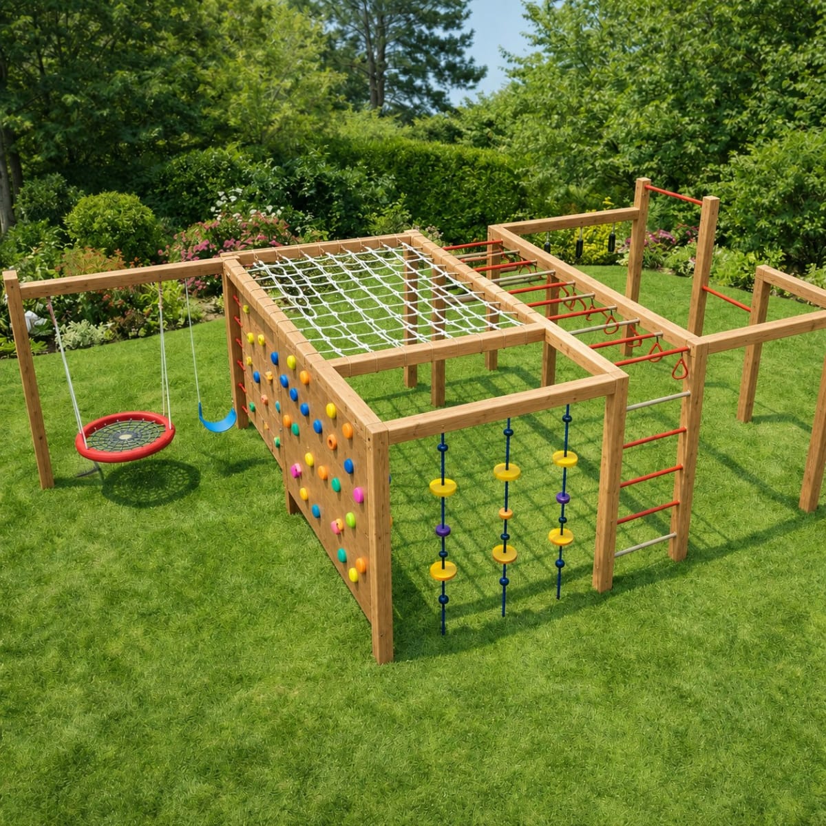 Circuito 16 de juegos infantiles para exterior en madera de eucalipto con hamacas, escalada y actividades - Carpintar