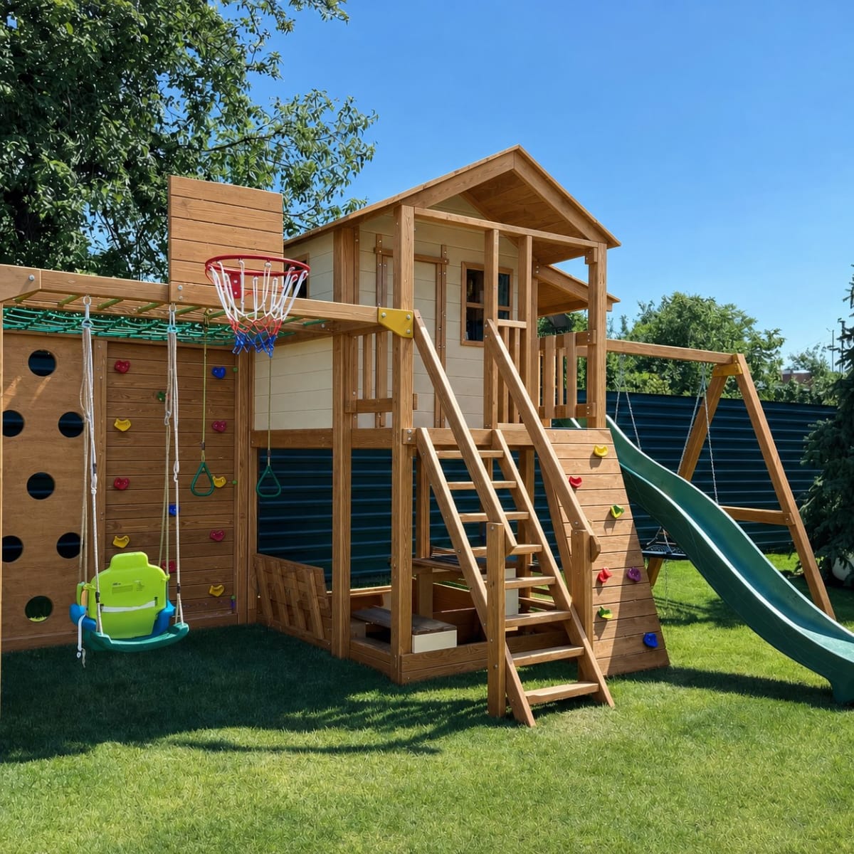 Circuito 17 de juegos infantiles para exterior en madera de eucalipto con hamacas, escalada y actividades - Carpintar