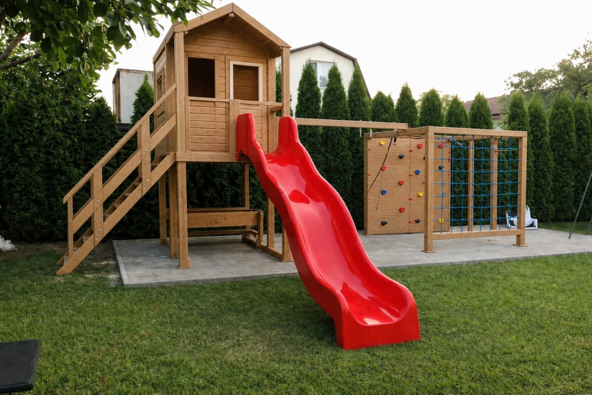 Circuito 18 de juegos infantiles para exterior en madera de eucalipto con hamacas, escalada y actividades - Carpintar