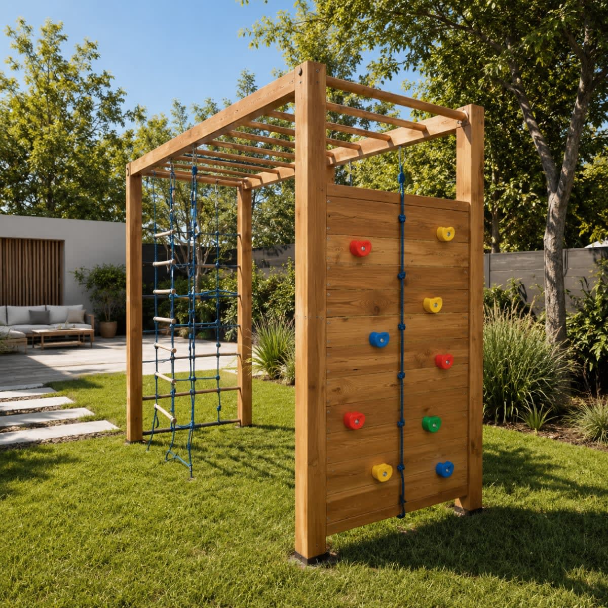 Circuito de juegos infantiles para exterior en madera de eucalipto con hamacas y escalada - modelo 2 de Carpintar