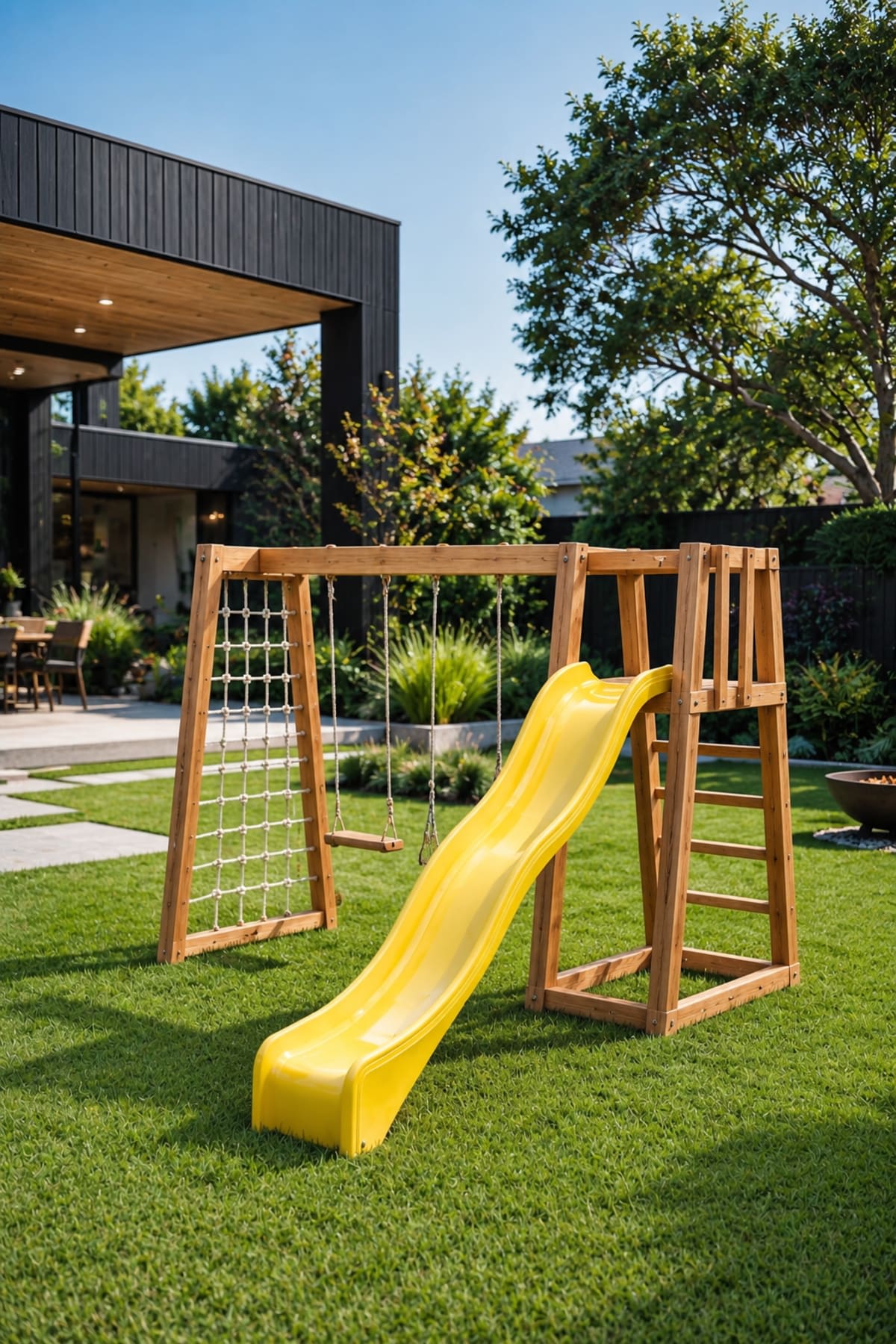 Circuito de juegos infantiles para exterior en madera de eucalipto con hamacas y escalada - modelo 3 de Carpintar