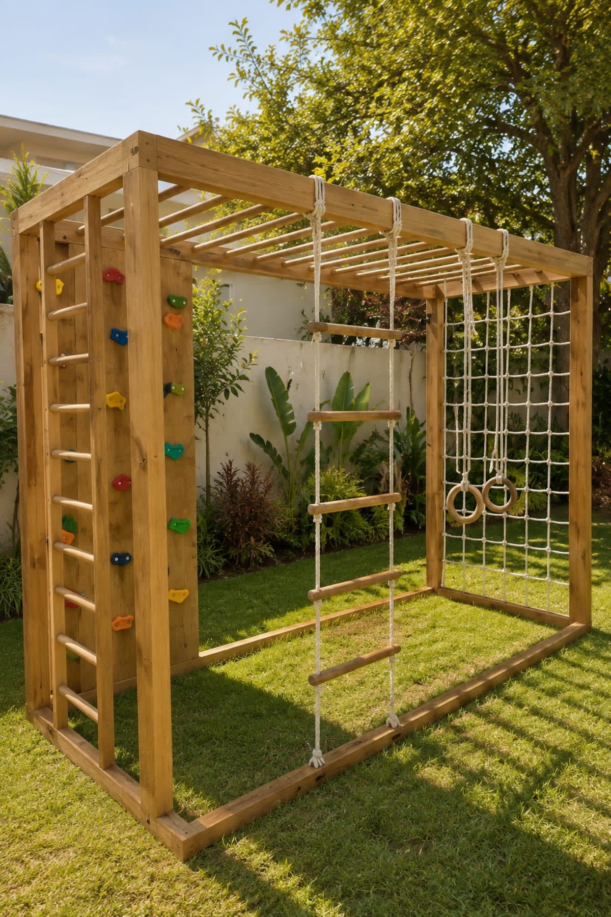 Circuito de juegos infantiles para exterior en madera de eucalipto con hamacas y escalada - modelo 4 de Carpintar