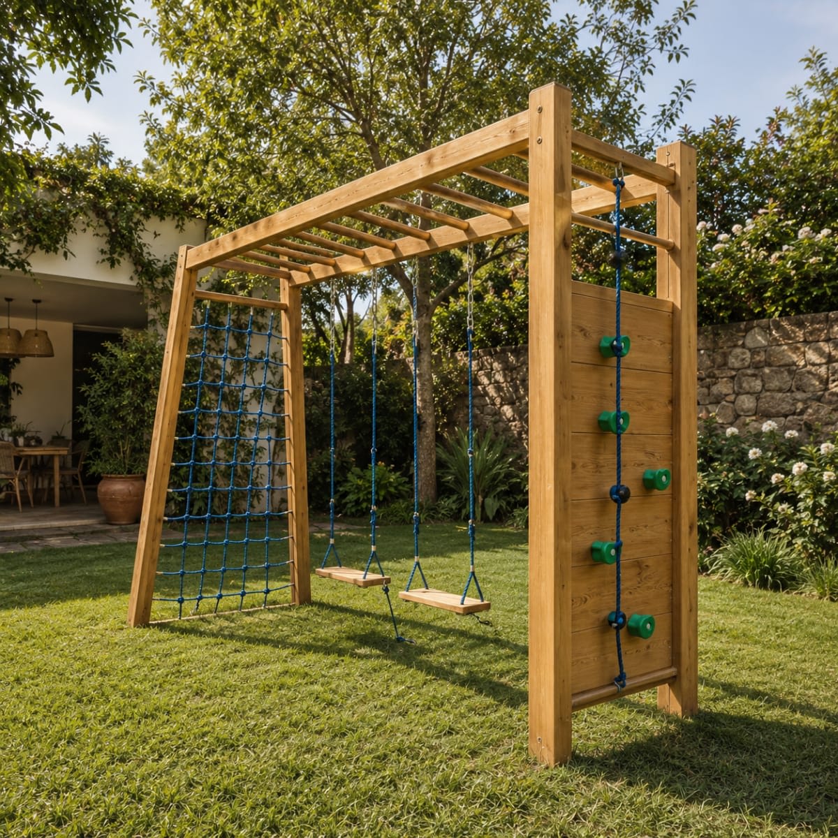 Circuito de juegos infantiles para exterior en madera de eucalipto con hamacas y escalada - modelo 5 de Carpintar