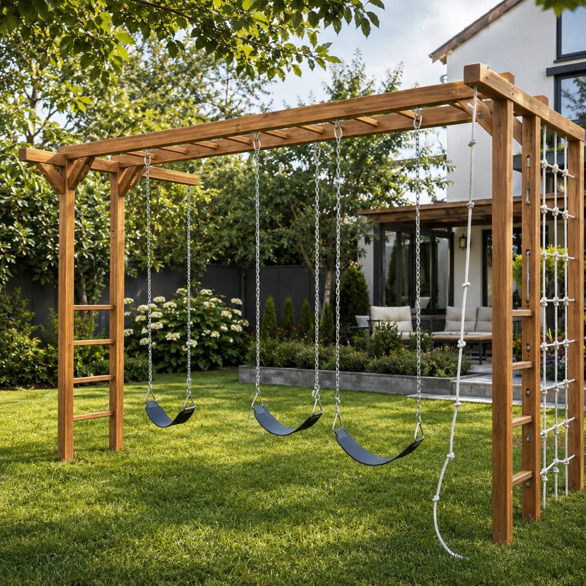 Circuito de juegos infantiles para exterior en madera de eucalipto con hamacas y escalada - modelo 6 de Carpintar