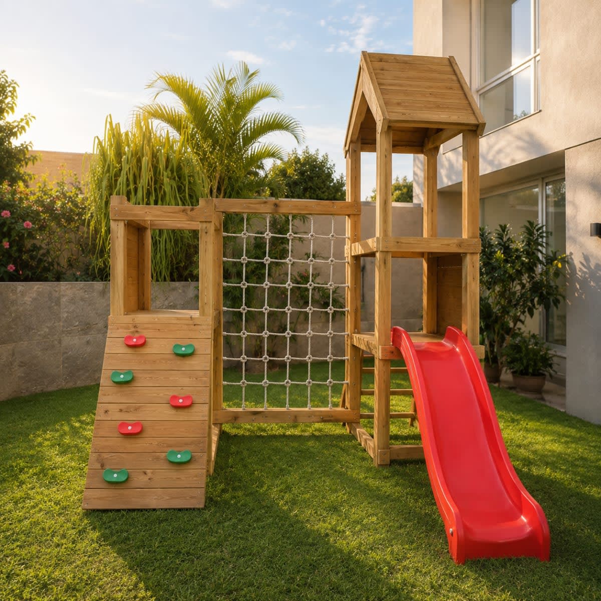 Circuito de juegos infantiles para exterior en madera de eucalipto con hamacas y escalada - modelo 8 de Carpintar