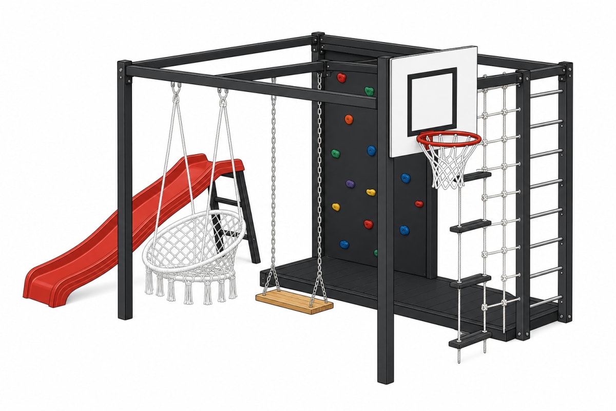 Plano técnico del circuito de juegos exterior en hierro para niños - modelo 9