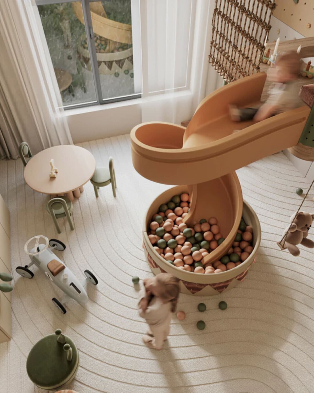 Detalle del playroom con cabaña integrada y estantes - proyecto Nael