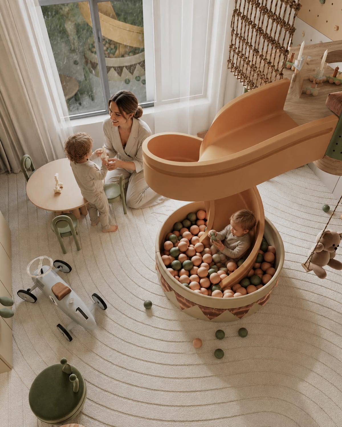 Playroom infantil a medida con juegos, librero y espacio de estudio